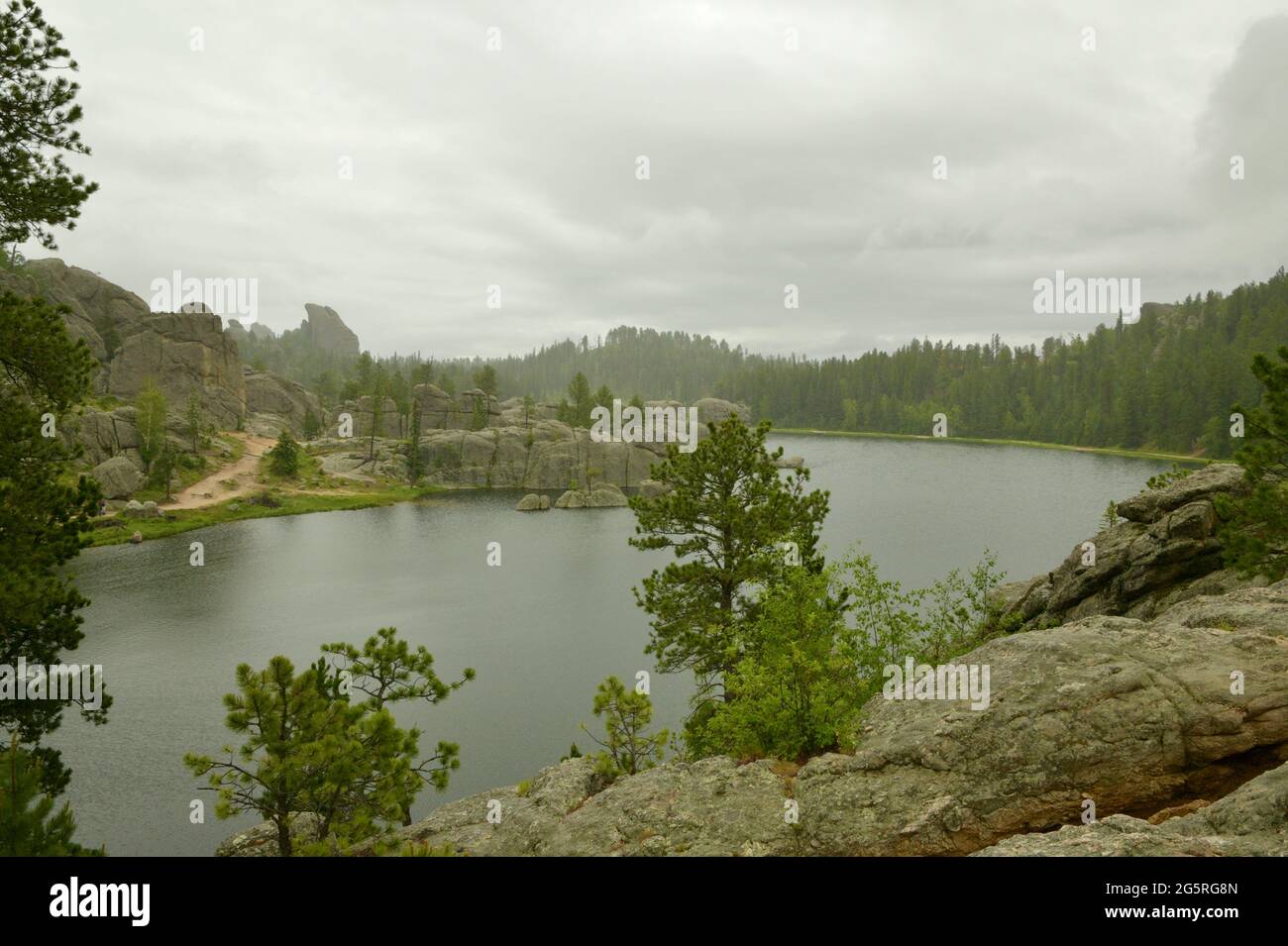 Rainy Day Hiking Around Sylvan Lake and the Rock Formations in Custer State Park, Custer, South Dakota, USA Stock Photo