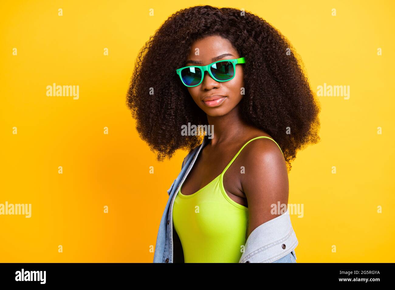 Photo of cute confident dark skin lady 