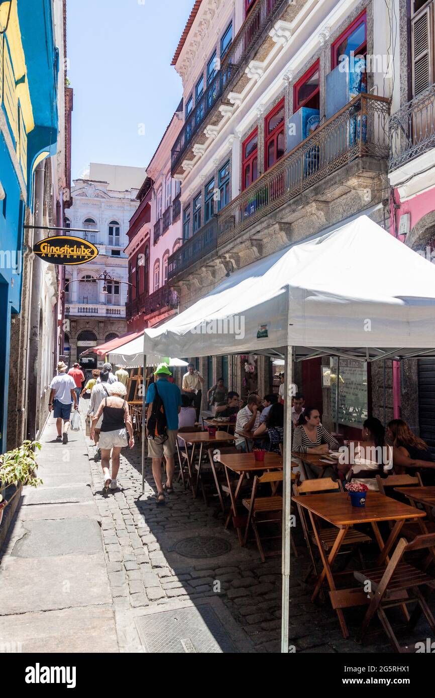 RIO DE JANEIRO, BRAZIL - JANUARY 28, 2015: People walk on a street in downtown of Rio de Janeiro, Brazil Stock Photo