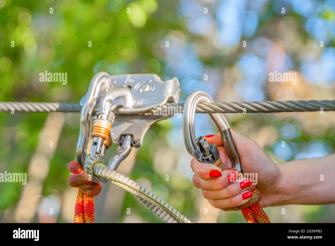 Forest Adventure Park. The woman fastens her carabiner and uses the climbing equipment. Overcome obstacles in the forest adventure park. Banner for Stock Photo