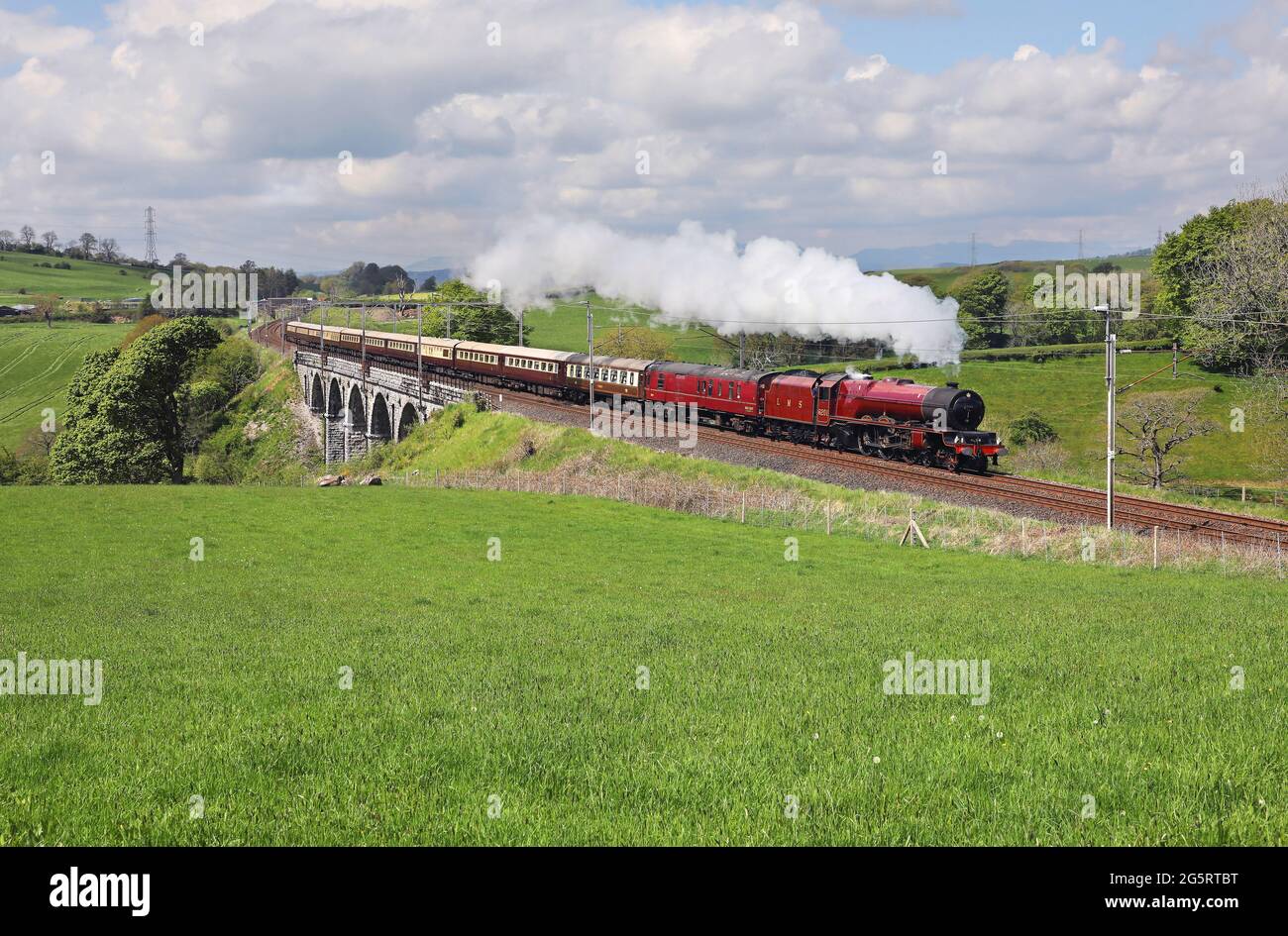 6201 heads past Docker on 27.5.21 with the Northern Belle from Liverpool to Carlisle. Stock Photo