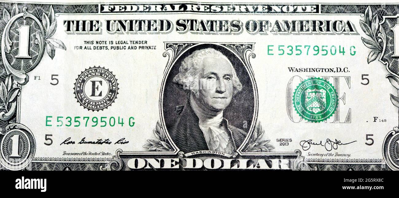 One American dollar bill banknote, United States of America currency, obverse side of 1 dollar with an image of president George Washington Stock Photo