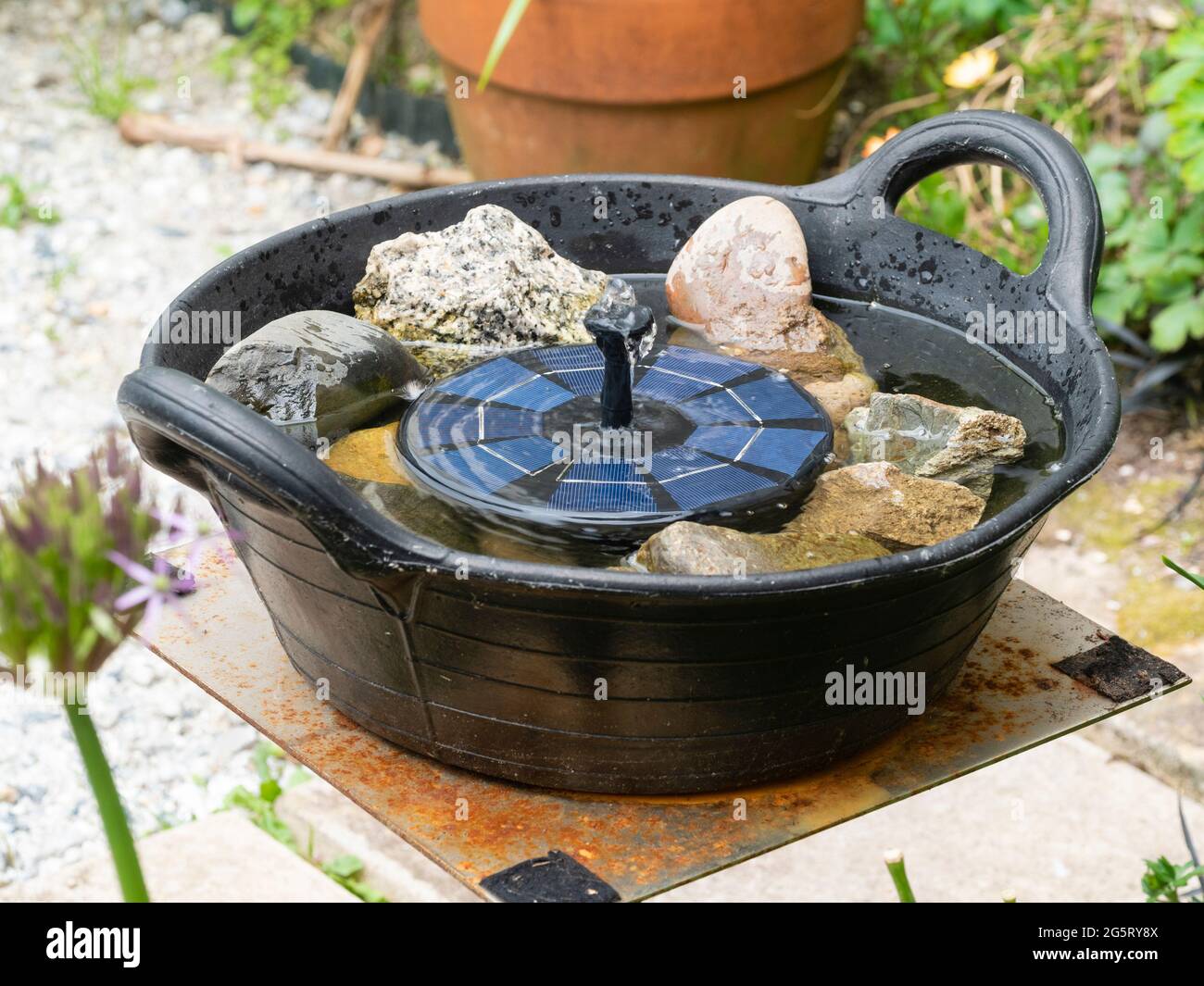 Small solar fountain in an improvised garden bird bath with cobbles to provide perches for drinking and bathing Stock Photo