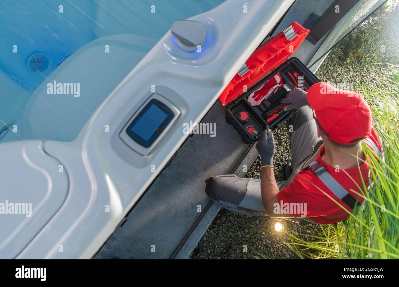 Jacuzzi Professional SPA Technician Repairs the Pumping Elements Inside