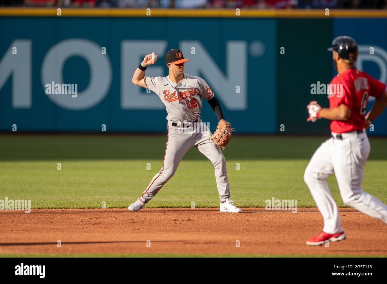 Baltimore Orioles second basemen Stevie Wilkerson ((12) fields the ball during an MLB regular season game against the Cleveland Indians, Tuesday, June Stock Photo