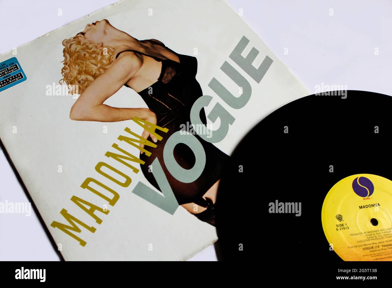 House dance artist, Madonna single music album on vinyl record LP disc. Titled: Vogue from the album I'm Breathless album cover Stock Photo