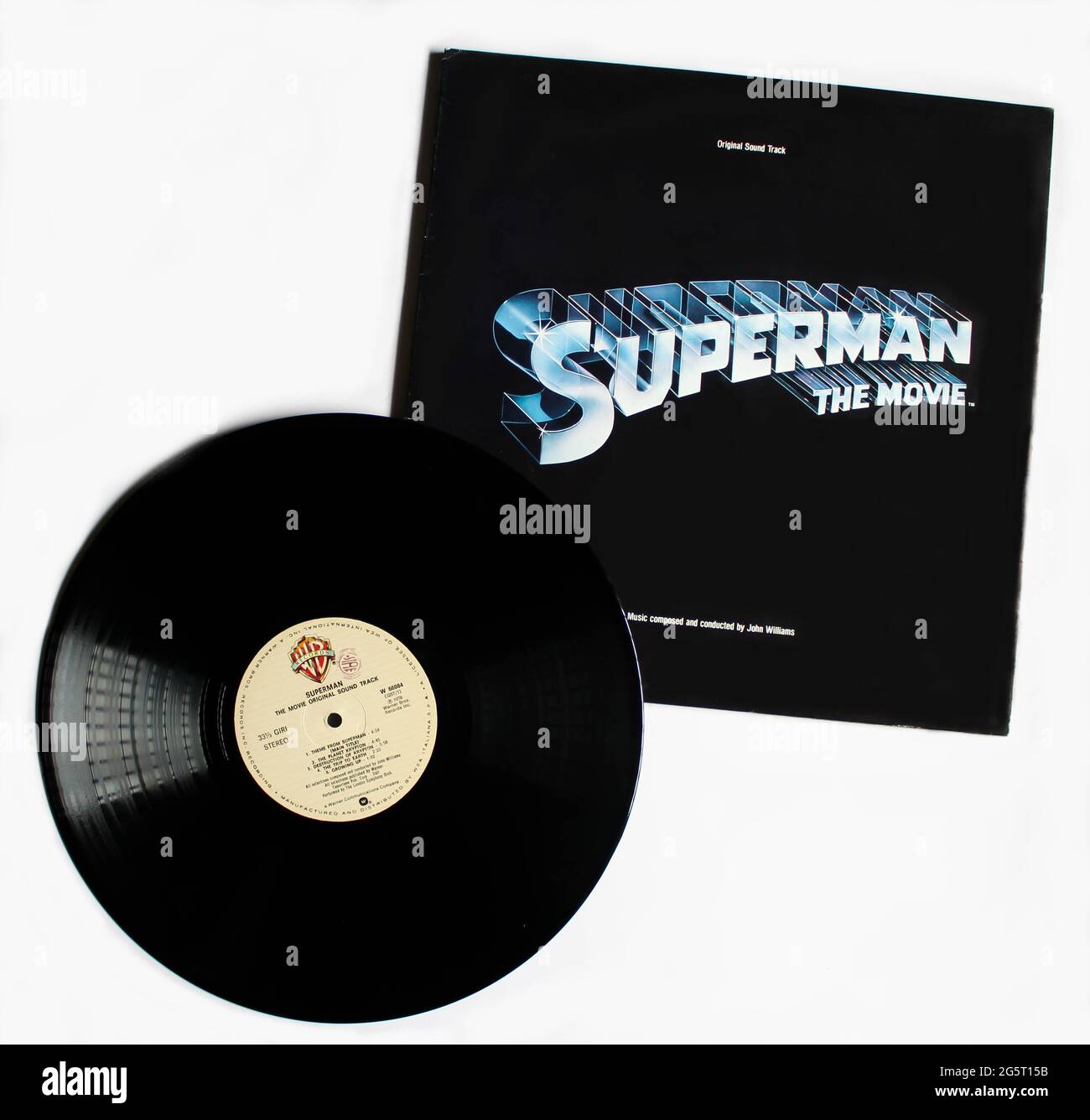 Superman The Movie Original Motion Picture Soundtrack on vinyl record LP disc album. Warner Brothers Records. Music by John Williams album cover Stock Photo