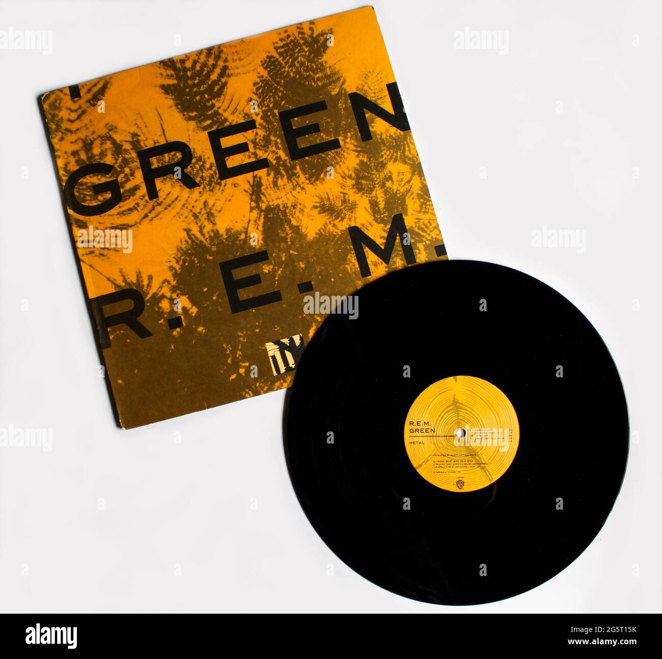 Alternative rock band, R.E.M. REM music album on vinyl record LP disc. Titled: Green album cover Stock Photo