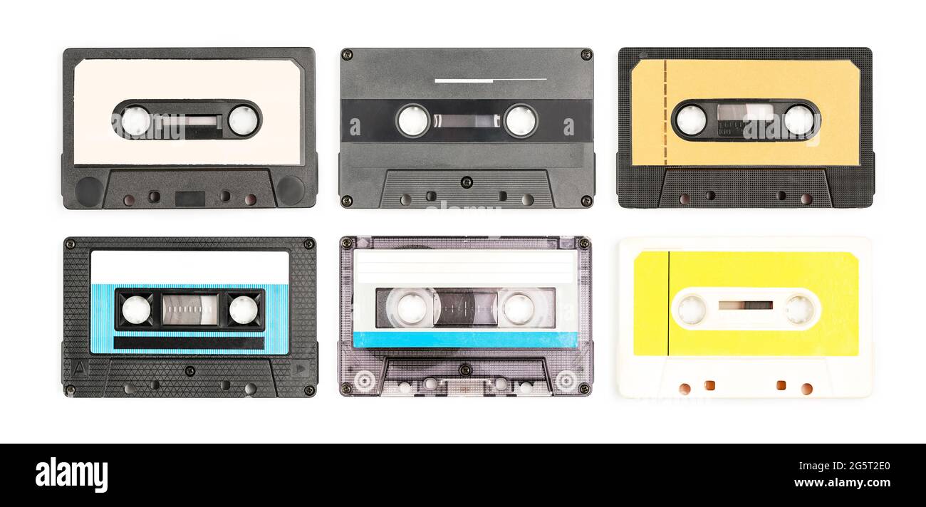 Six different Old Vintage Audio cassette tapes on a white background ...
