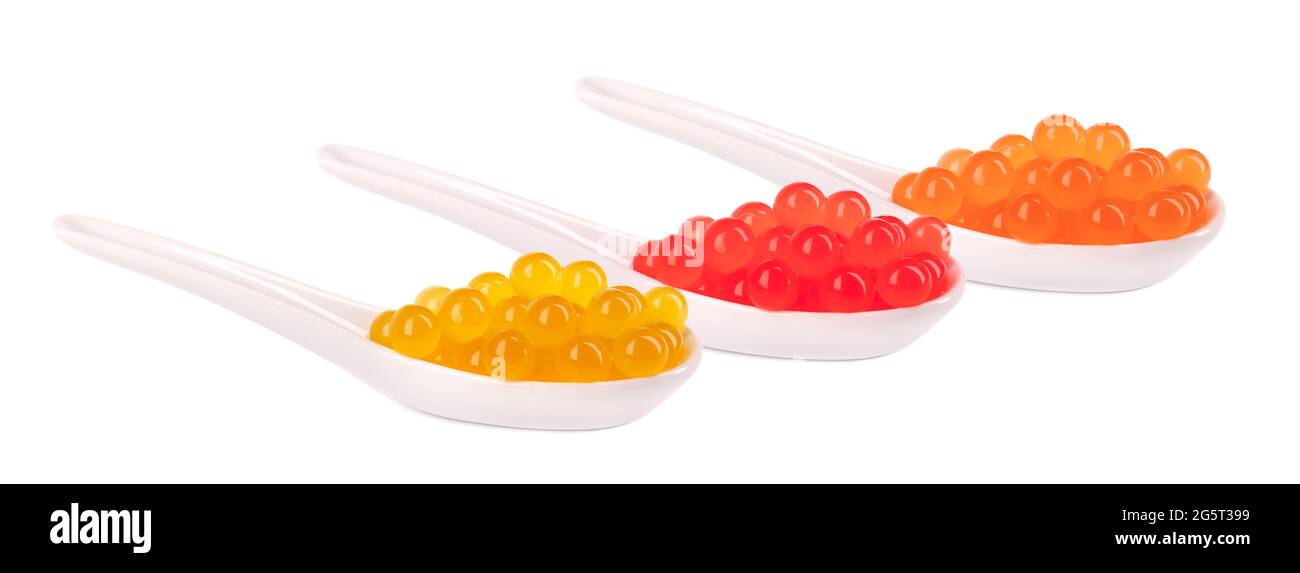 Tapioca pearls for bubble tea isolated on white background. Mix tapioca