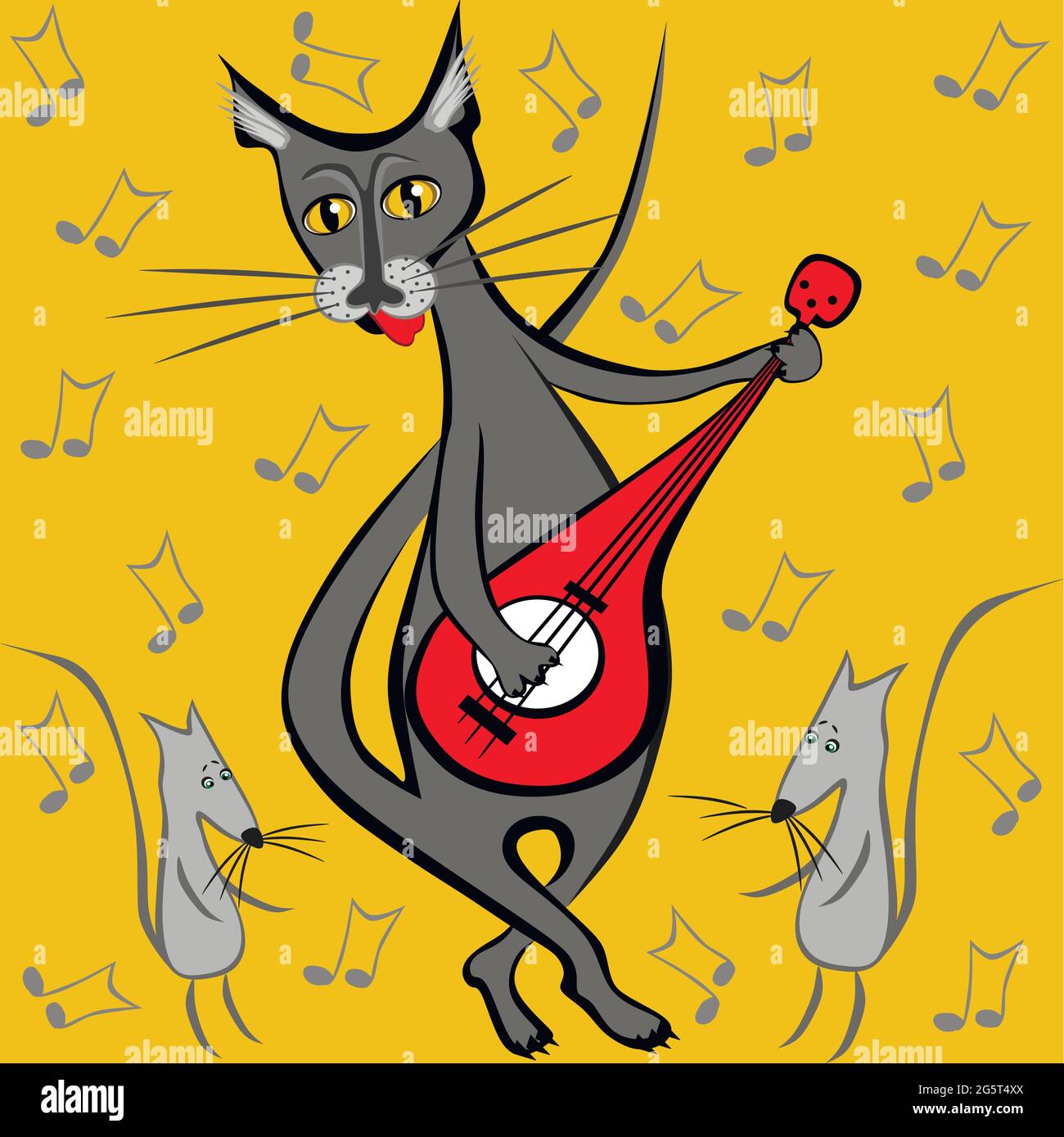 Illustration on a square background a cat with a guitar and dancing