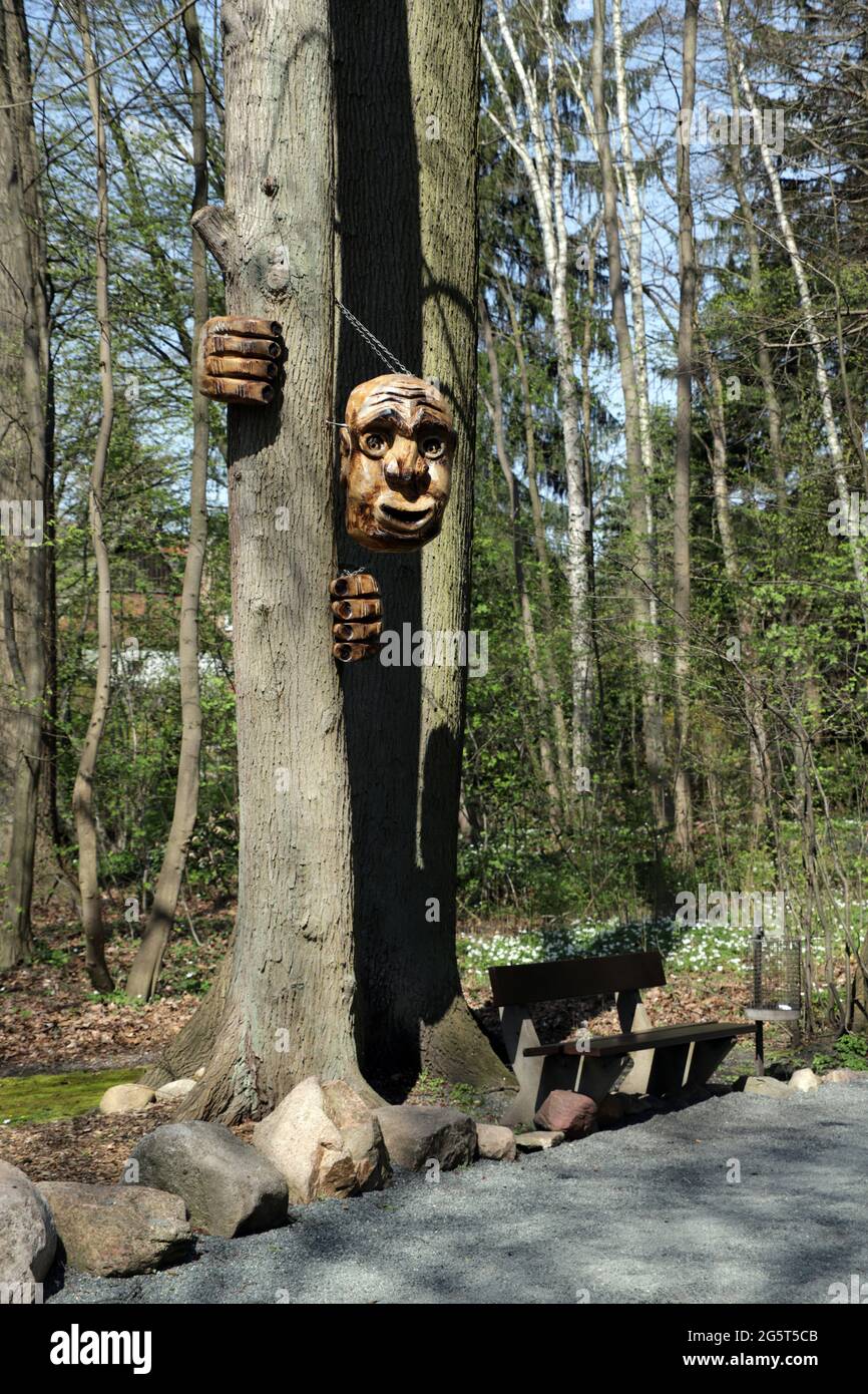 funny wooden sculpture between two trees in the forest, Germany, Lower Saxony, Bad Bodenteich Stock Photo