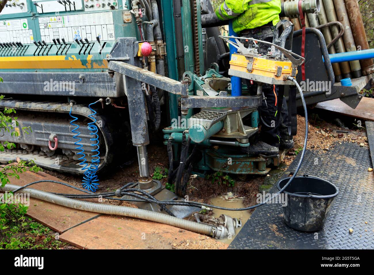 drilling a deep well in the garden of a residential house, Germany, North Rhine-Westphalia Stock Photo