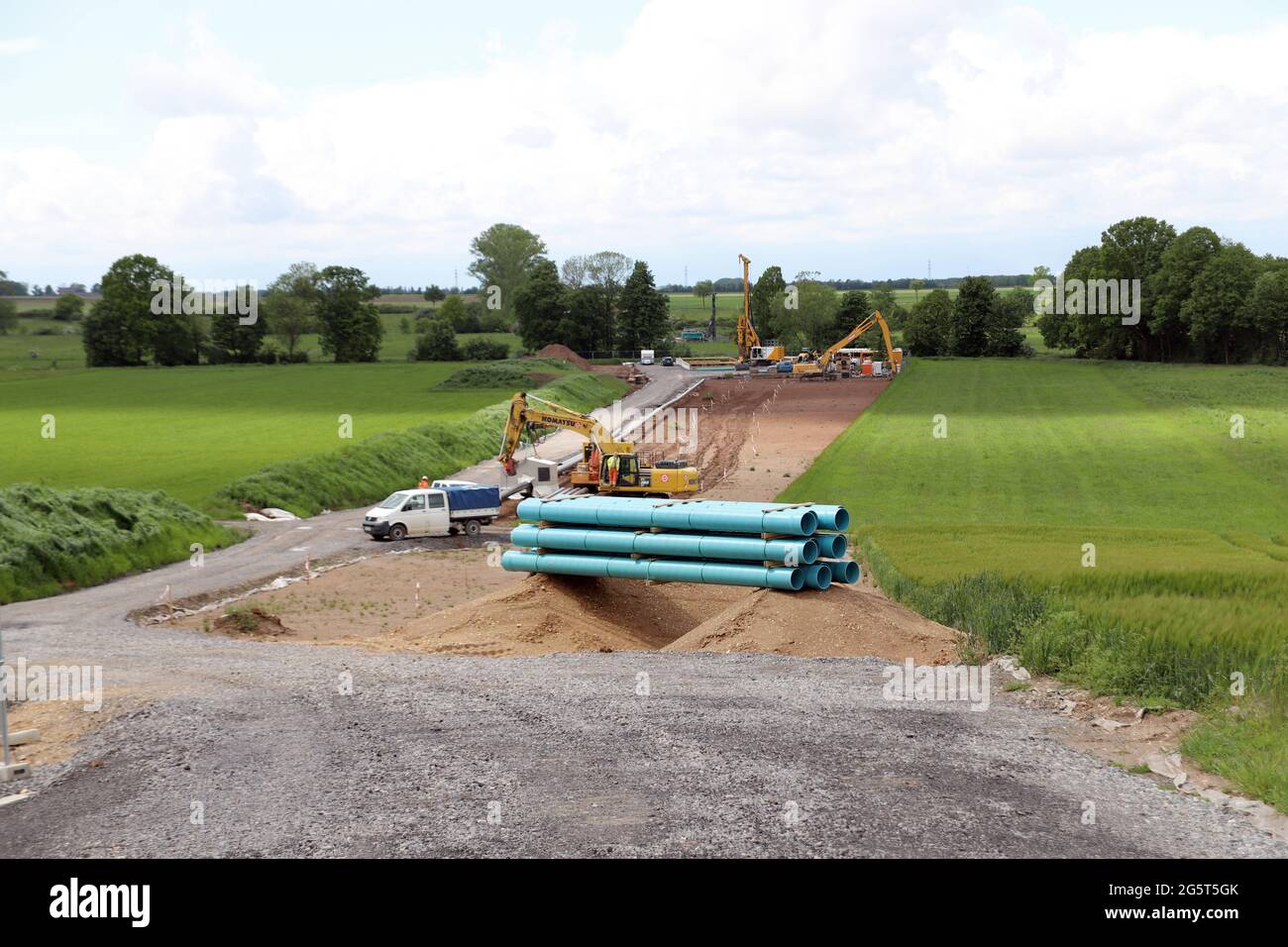laying a new gas pipeline through the Erft floodplain, Germany, North Rhine-Westphalia Stock Photo