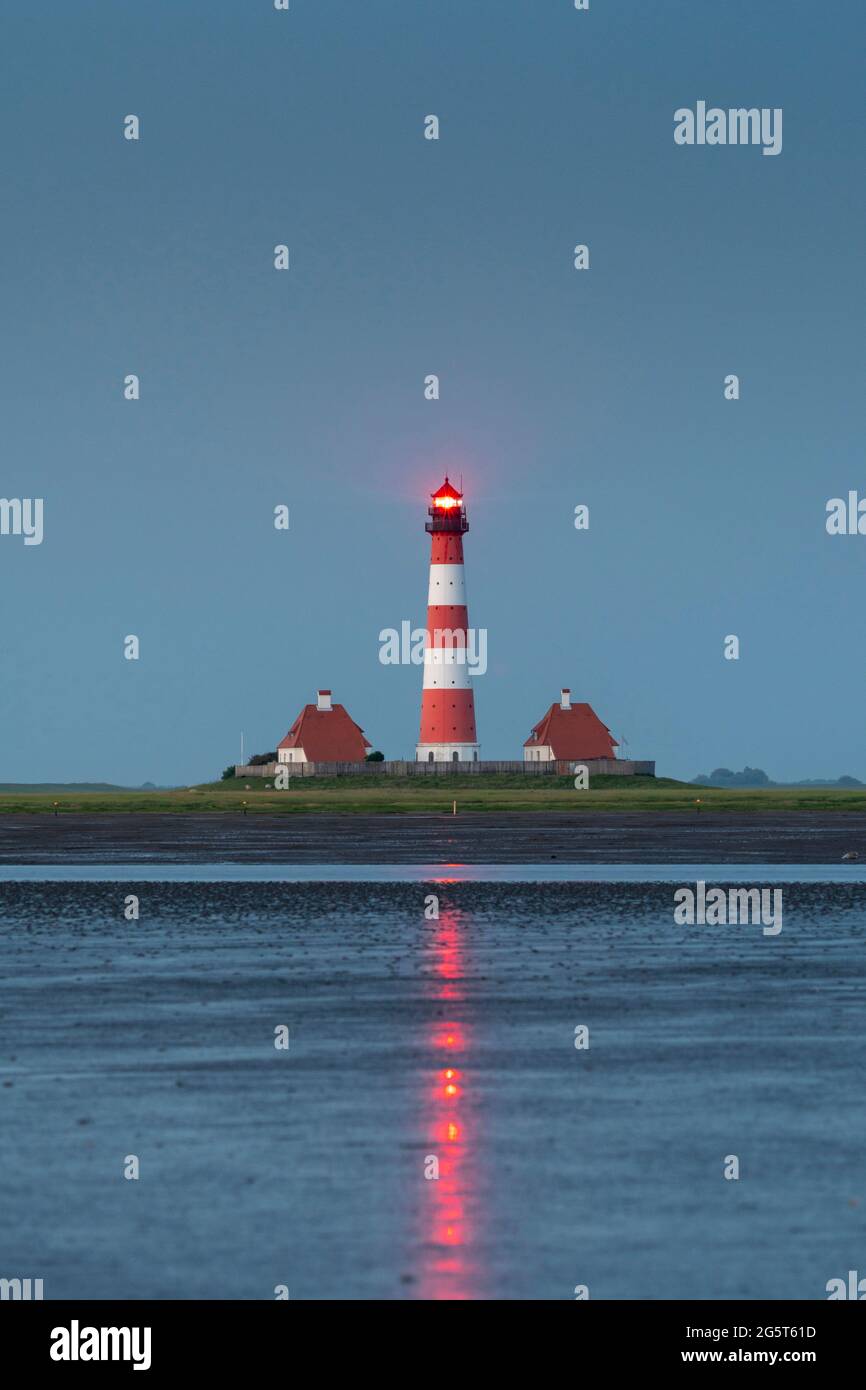 Westerheversand Lighthouse in the evening, Germany, Schleswig-Holstein, Westerheversand Stock Photo