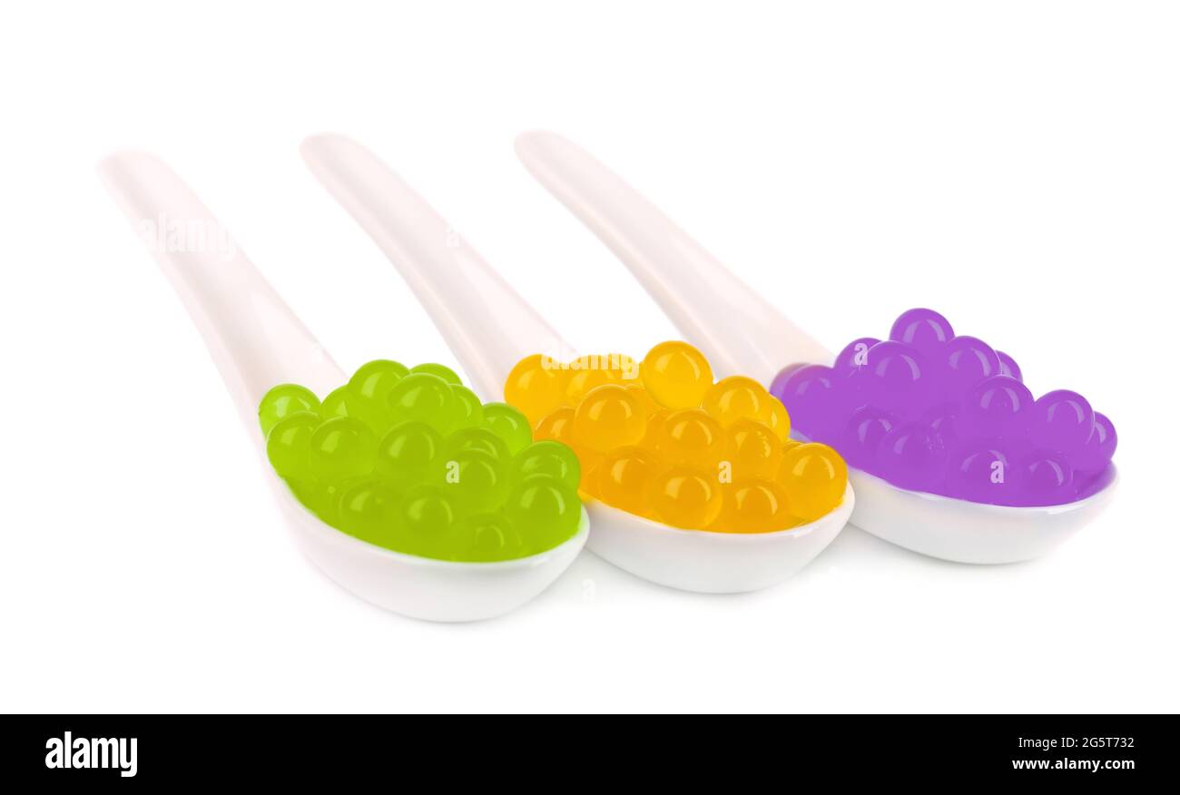 Tapioca pearls for bubble tea isolated on white background. Mix tapioca