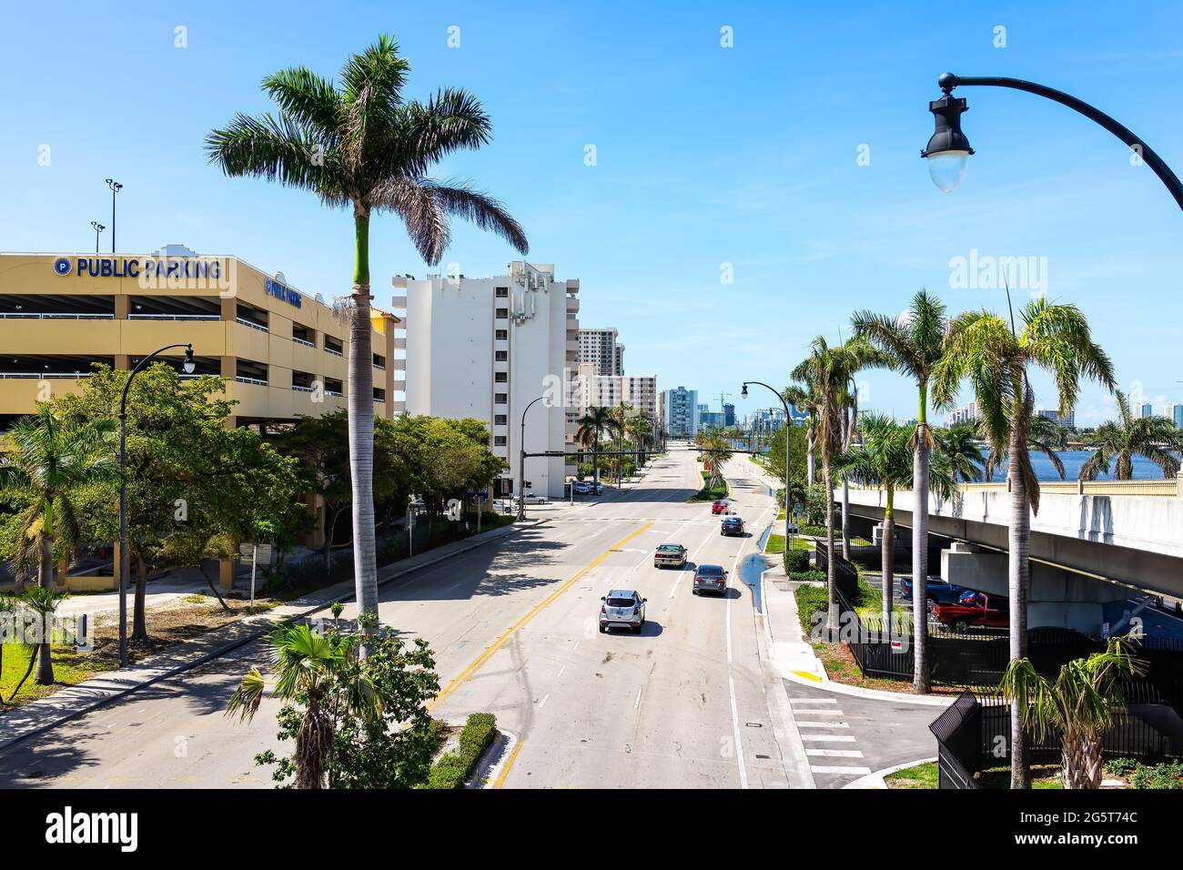 Hollywood, USA - May 6, 2018: Florida north Miami beach Broward county with buildings cityscape and A1A highway high angle above view during sunny day Stock Photo