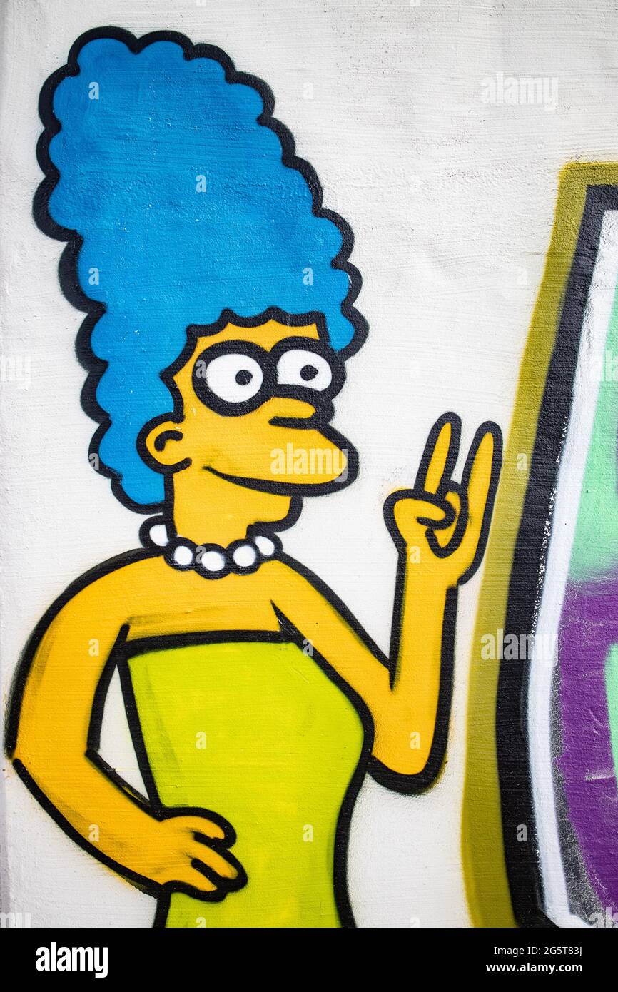 Leihgestern, Germany 2020-07-03: Portrait from marge Simpson painted on a wall. 'Marge' Simpson is a fictional character in the animated series The Si Stock Photo