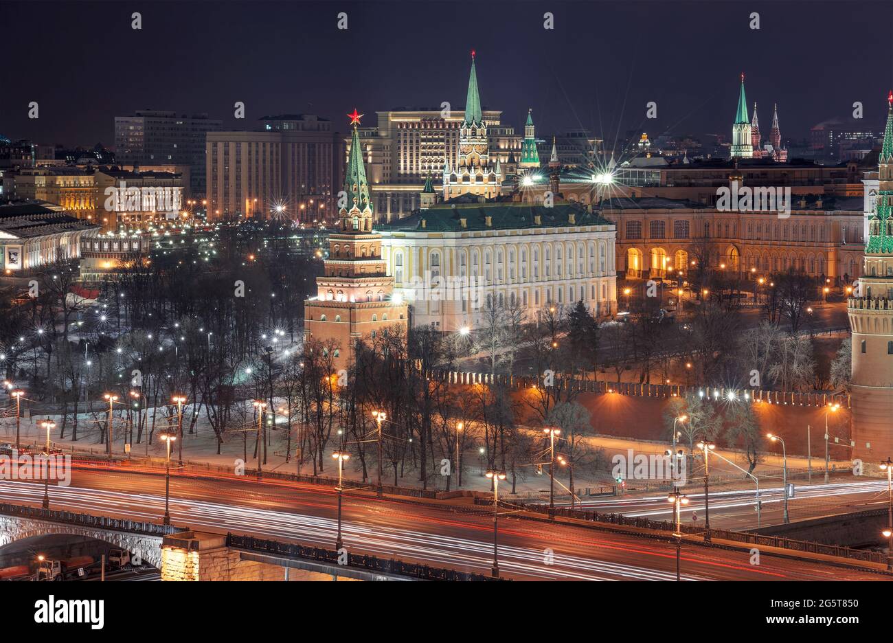 Russia The Moscow Kremlin in the night. Aerial view Stock Photo