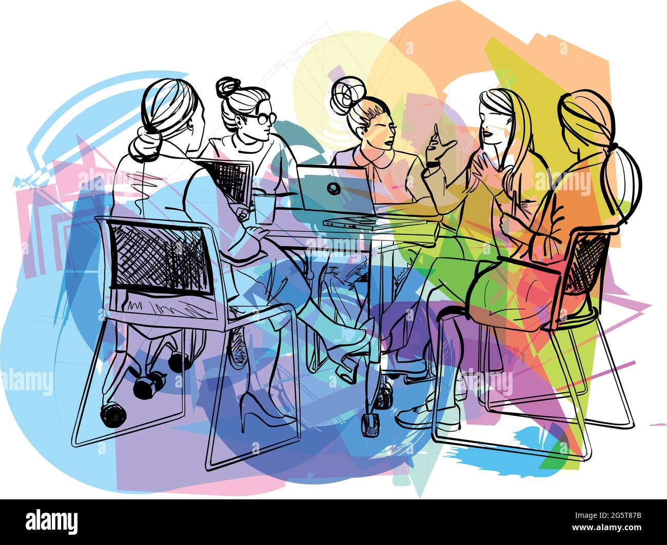 Female creatives in a meeting room listening to their colleague making an informal presentation. Vector Illustration Stock Vector