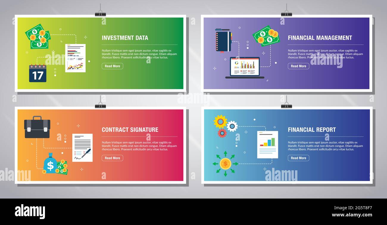 Web banners template in vector with icons of investment data, financial management, contract signature and financial report. Flat design icons in vect Stock Vector