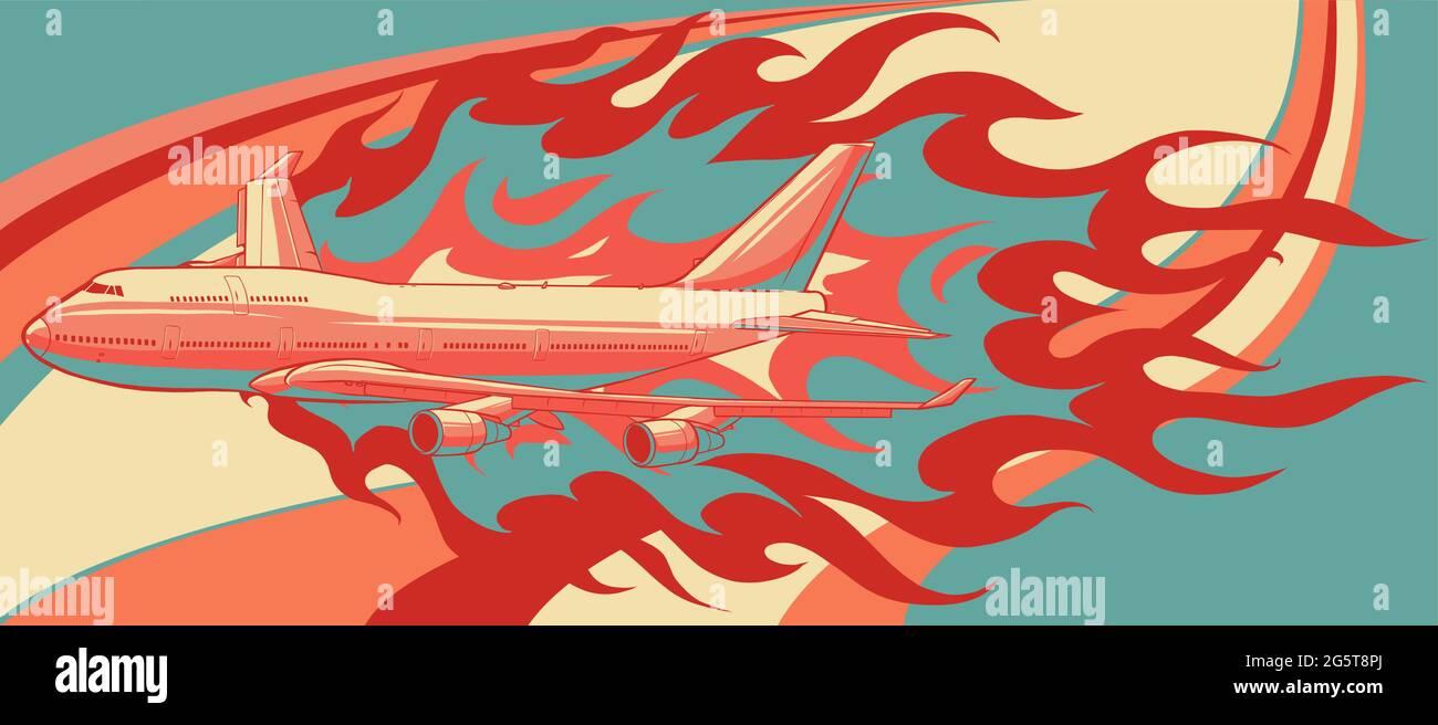 vector illustration of civil aircraft with flames Stock Vector