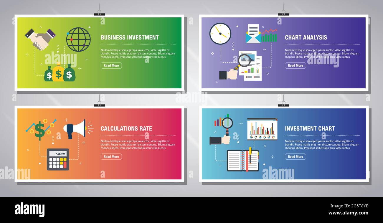  banners template in vector with icons of business investment, chart analysis, calculations
