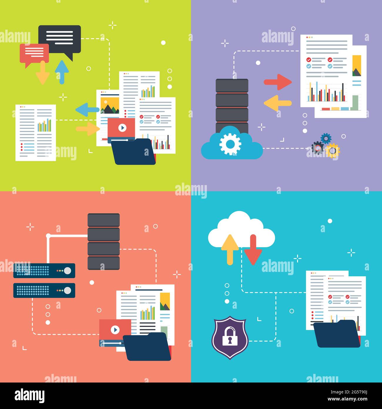Sharing, data, backup, documents and safely icons. Concepts of file