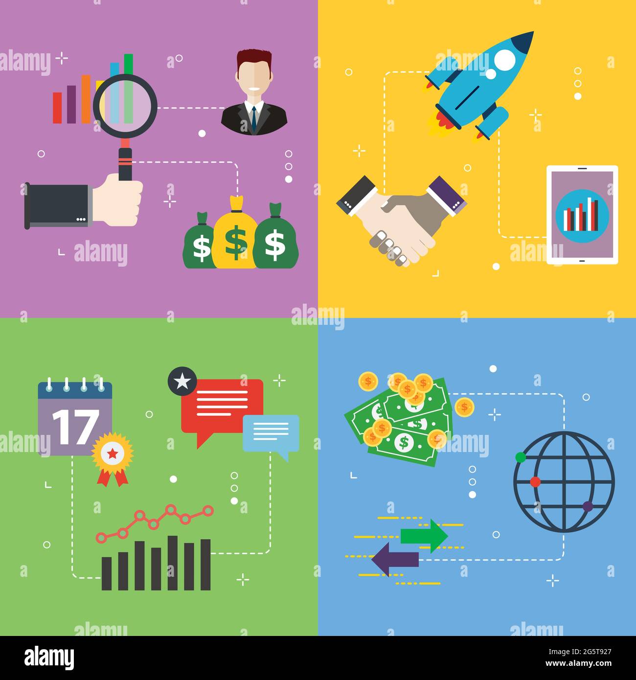Investment, business,sturtup and financial icons. Concepts of analysis investment, success business, financial investment, global investment.  Flat de Stock Vector