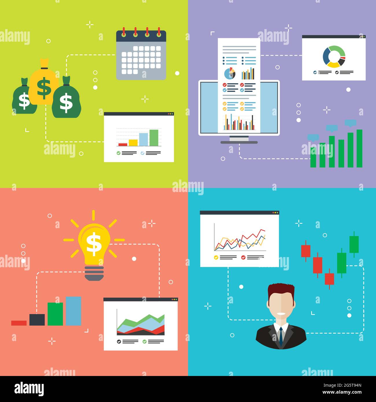 Finance, chart, business, investment and money icons. Concepts of financial profitability, financial application, expertise investment and stock marke Stock Vector