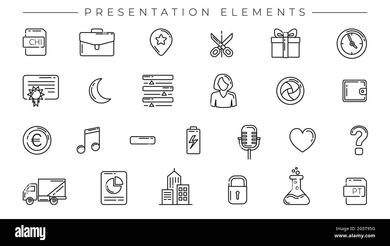 Presentation Elements concept line style vector icons set. Stock Vector