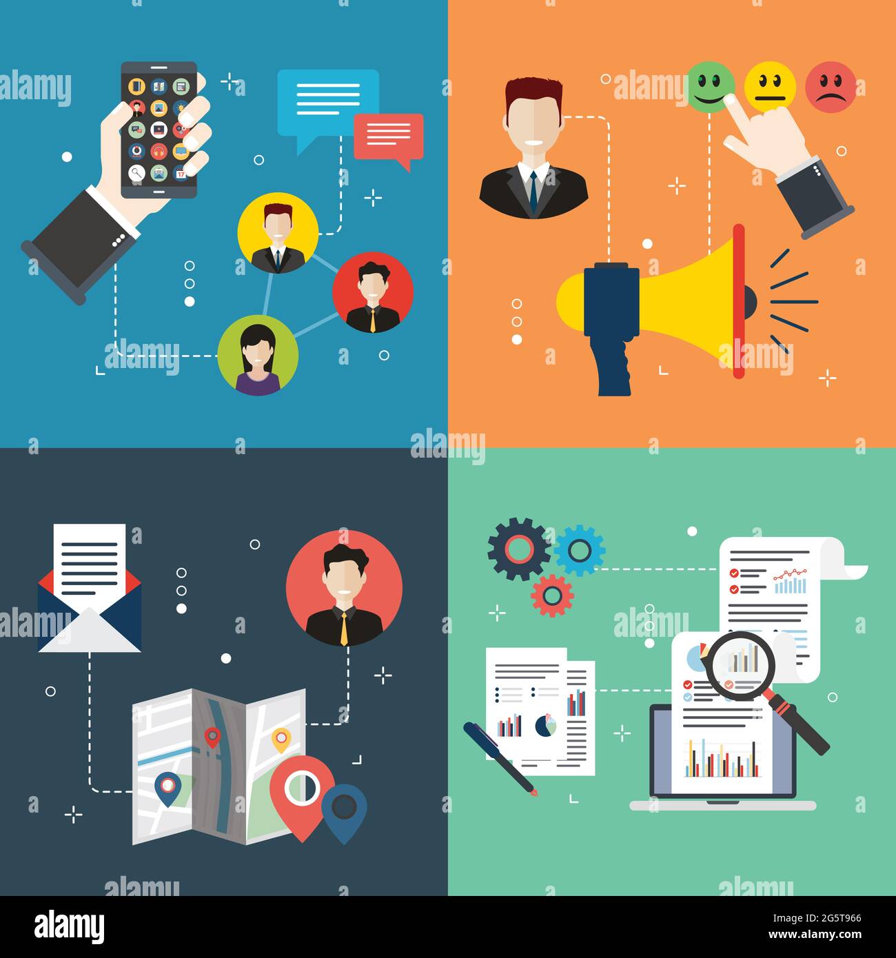 Marketing, communication, social media, relationship and metrics icons. Concepts of social marketing, relationship marketing, proximity marketing and Stock Vector