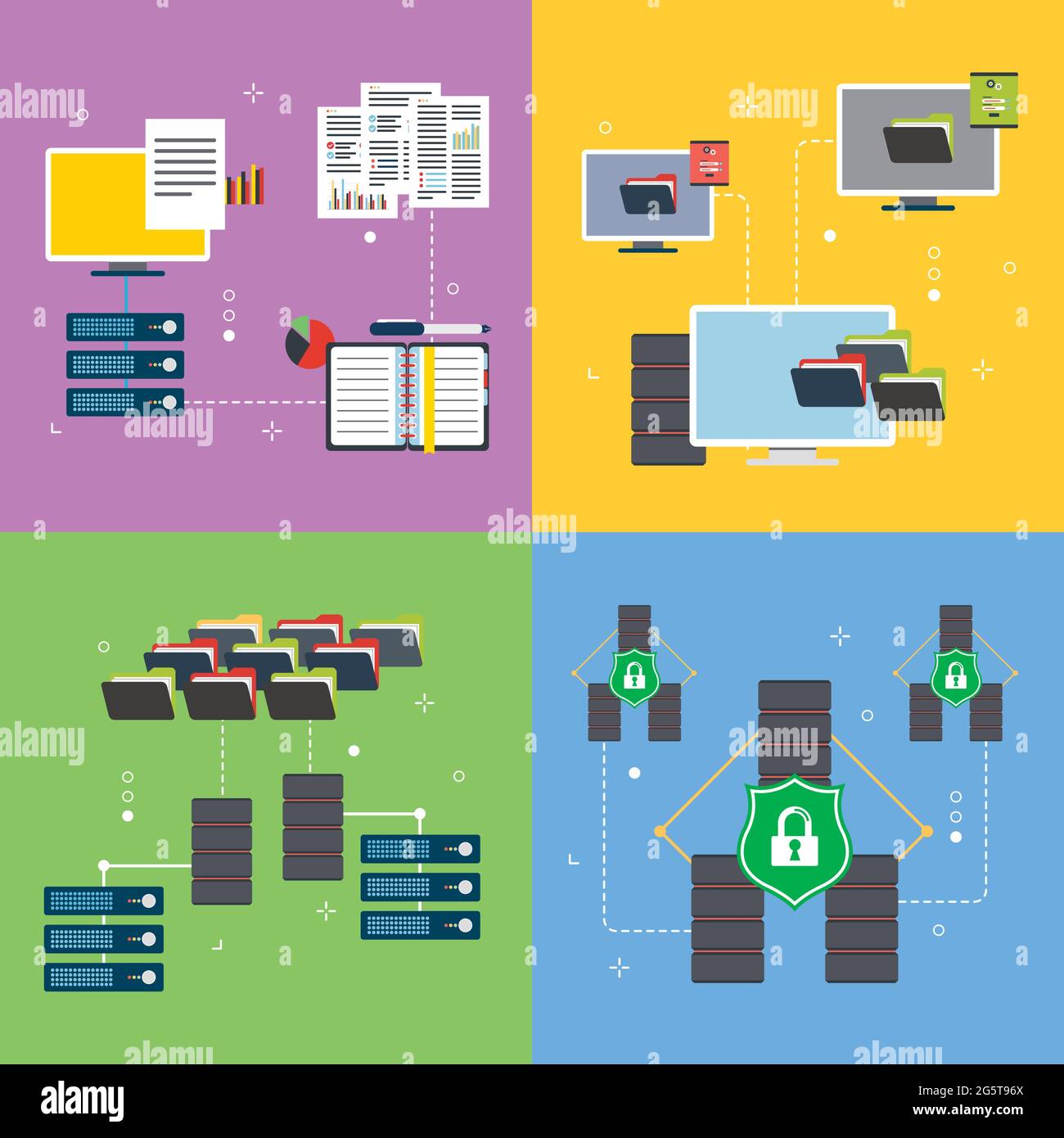 Network, computer, server ,business, technology, database and security icons. Concepts of  data network, computer server, storage technology and datab Stock Vector