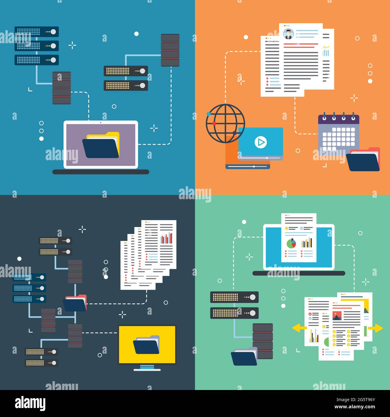 Network, computer, storage and file transfer icons. Concepts of network