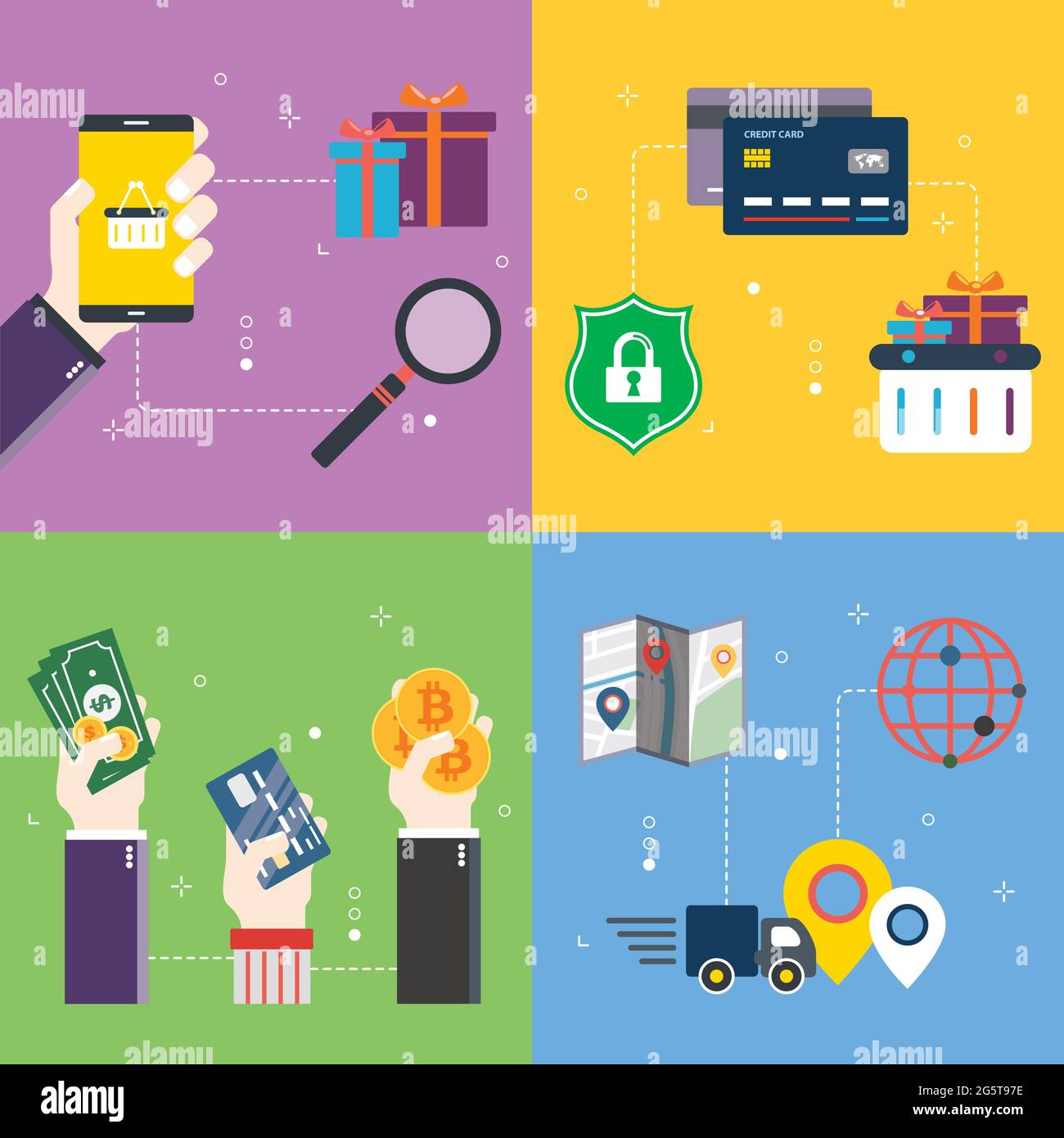 Online shopping, purchase, payment and delivery icons