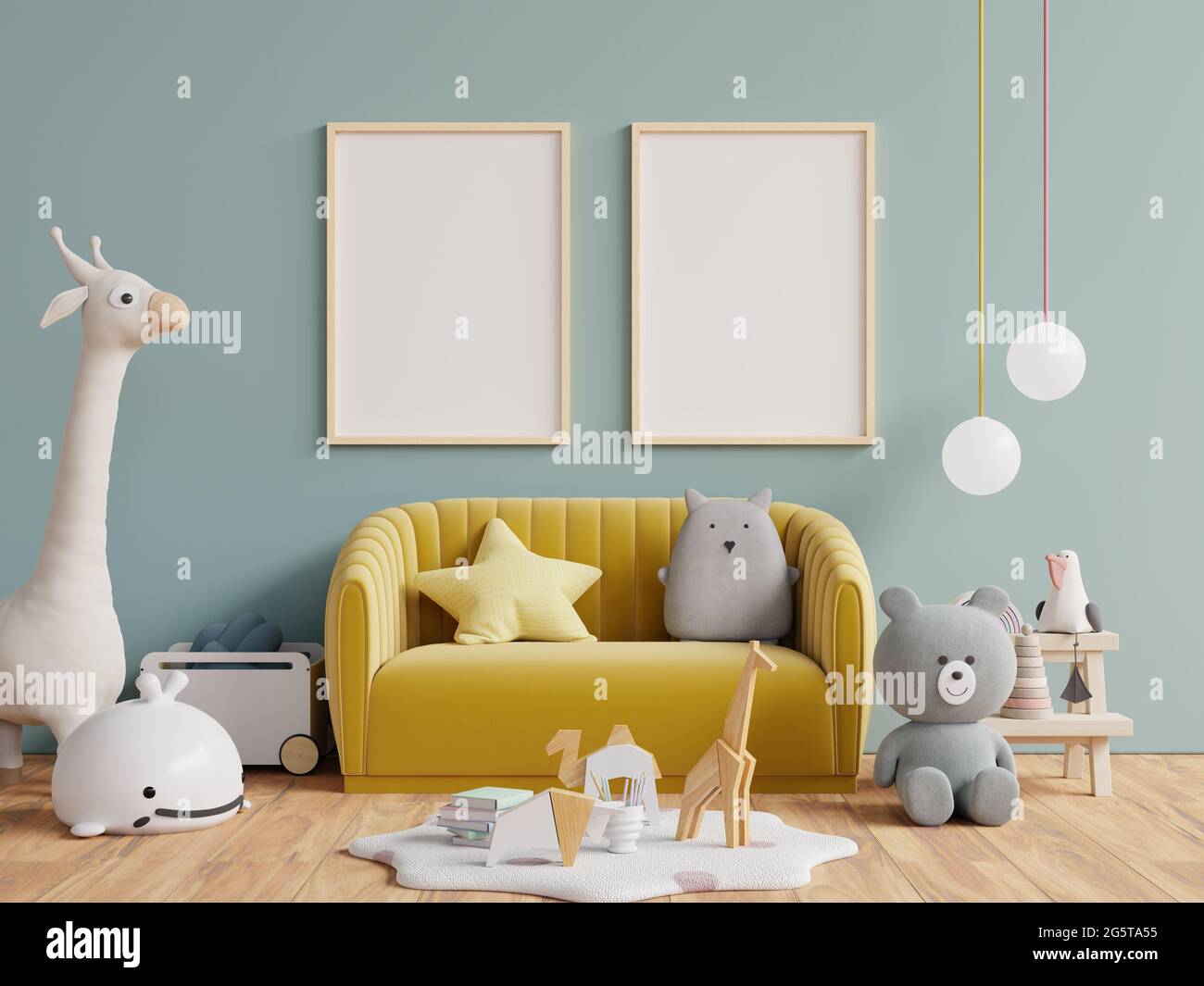 Modern and design Mockup posters in child room interior, posters on empty  dark green wall background,3D rendering Stock Photo - Alamy