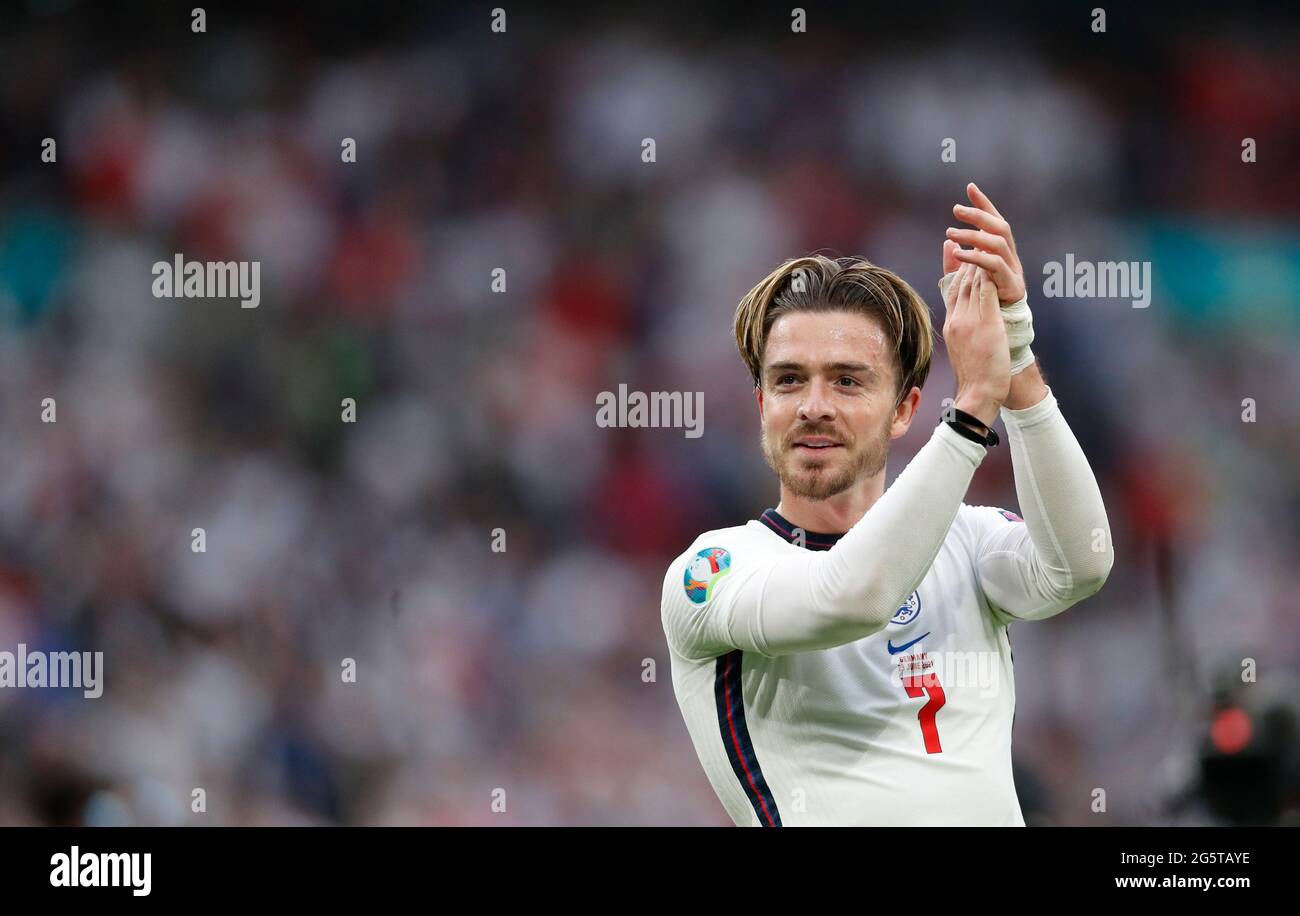 London, Britain. 29th June, 2021. England's Jack Grealish celebrates after the Round of 16 match between England and Germany at the UEFA EURO 2020 in London, Britain, on June 29, 2021. Credit: Han Yan/Xinhua/Alamy Live News Stock Photo