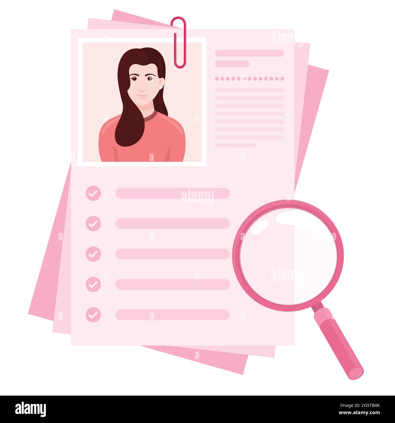 Vector design of curriculum vitae with photo of girl, resume for job search with magnifying glass Stock Vector