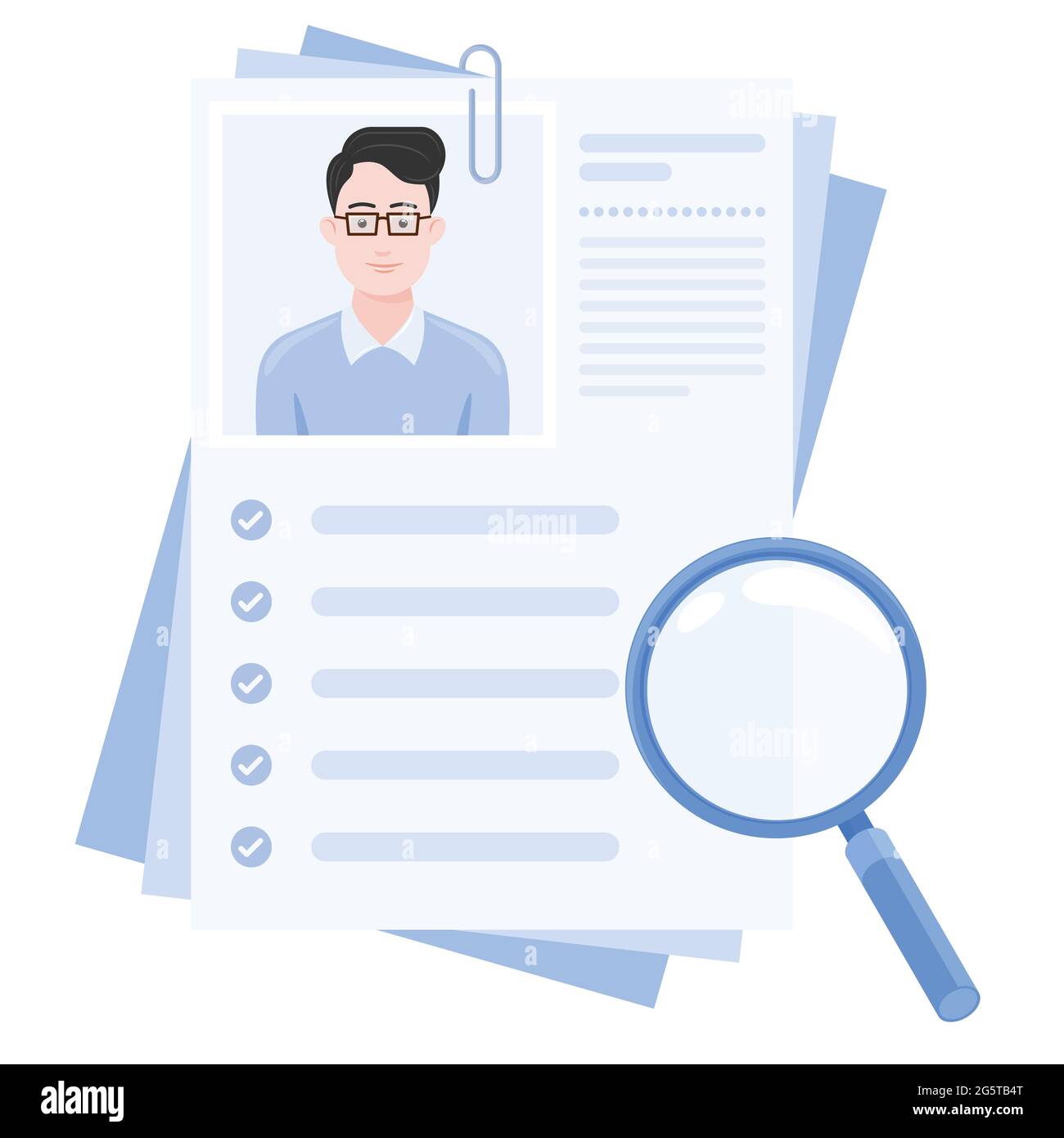 Vector design of curriculum vitae with photo of boy, resume for job search with magnifying glass Stock Vector