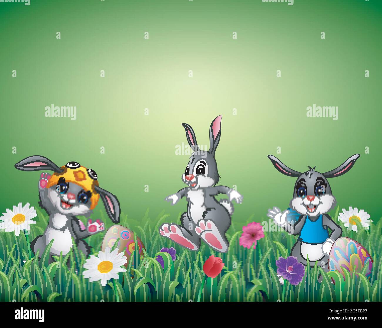 Three happy cartoons with decorated Easter eggs in a field Stock Vector
