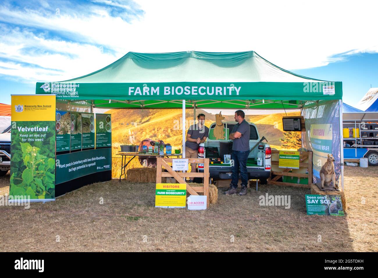 Kirwee, Canterbury, New Zealand, March 26 2021: A farm biosecurity tent is up at the Field Days to educated farmers and the public. Stock Photo