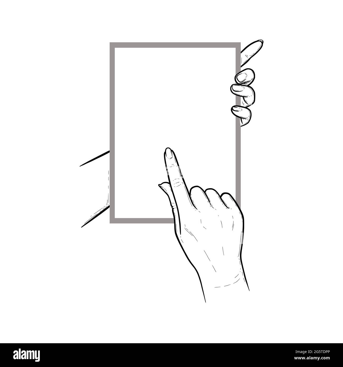 Hands holding tablet with index finger swiping in touchscreen. Vertical tablet in hands of a human. Sketch vector illustration isolated in white Stock Vector