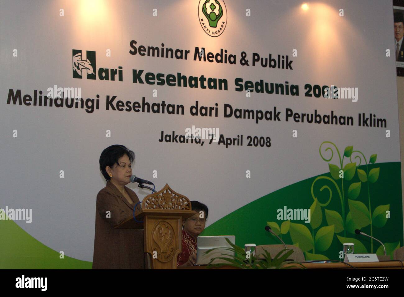 Jakarta, Indonesia. 7th April 2008. The United Nation's Millenium Development Goals (MDG) Special Ambassador for Indonesia, Dr. Erna Witoelar gives a speech entitled 'Raising public awareness and understanding on impact of climate change' during a media and public seminar held in Leimena Room at the Indonesian Ministry of Health office building complex. The seminar is a part of a series of event celebrating the 2008 World Health Day in Jakarta, Indonesia. The theme for the 2008 celebration is 'protecting health from climate change'. Stock Photo