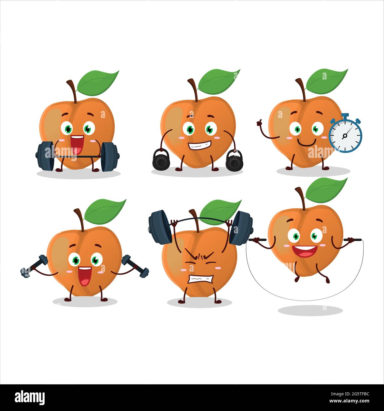 A healthy peach cartoon style trying some tools on Fitness center ...