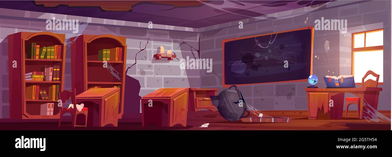 Abandoned magic school, empty classroom interior with broken furniture, cracked walls, wooden desks and spider webs on blackboard with chalk writings, crushed cauldron, Cartoon vector illustration Stock Vector