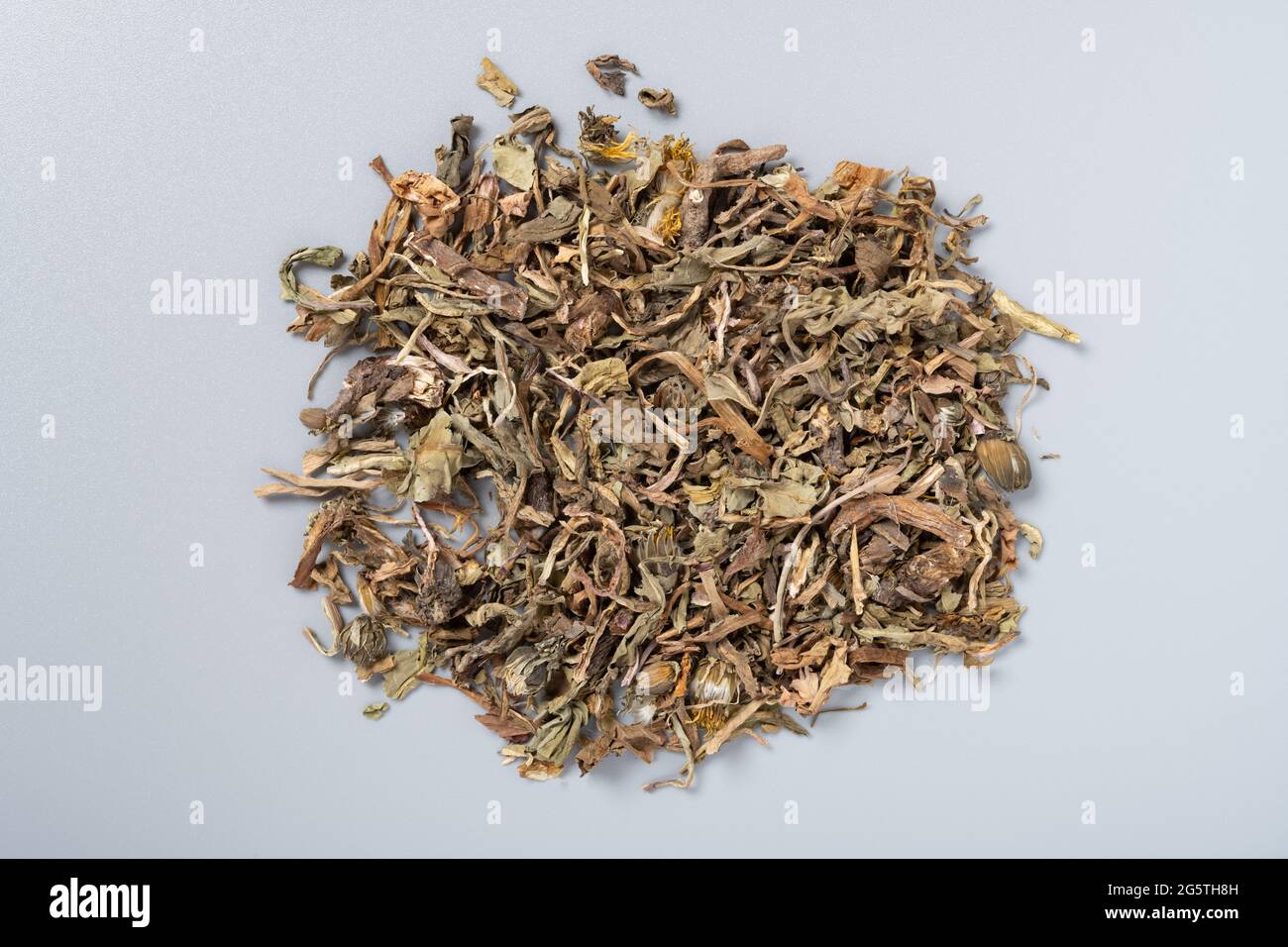 top view herb PuGongYing or Taraxaci Herba or Mongolian Dandelion Herb Stock Photo