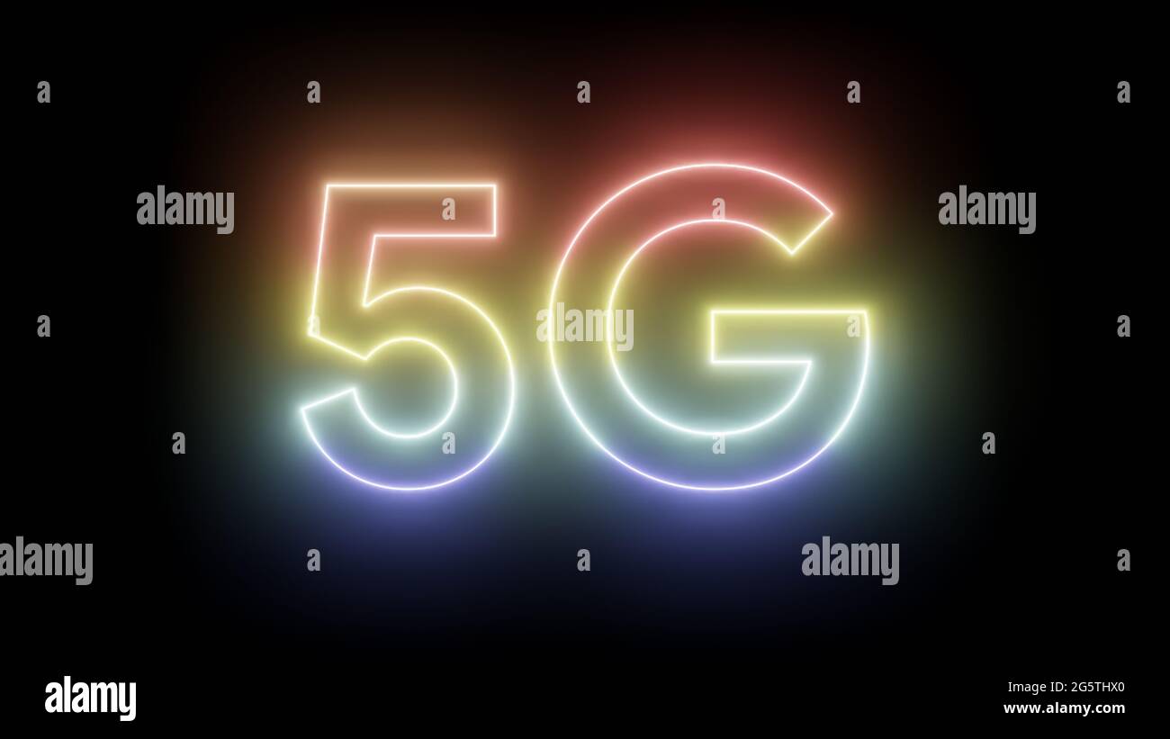 5g text neon light colorful on black isolated background . 3d illustration rendering . 5G mobile network technology background. Internet of next Stock Photo