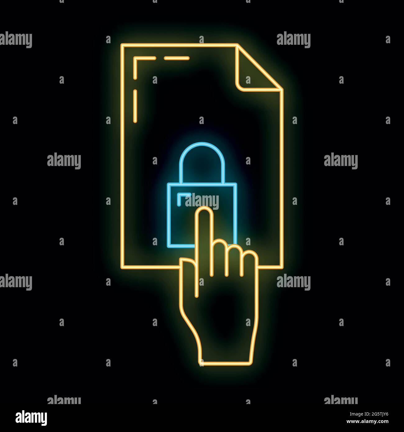 Data computer folder protect, cloud global internet icon neon glow style, remote server security outline flat vector illustration, isolated on white. Stock Vector