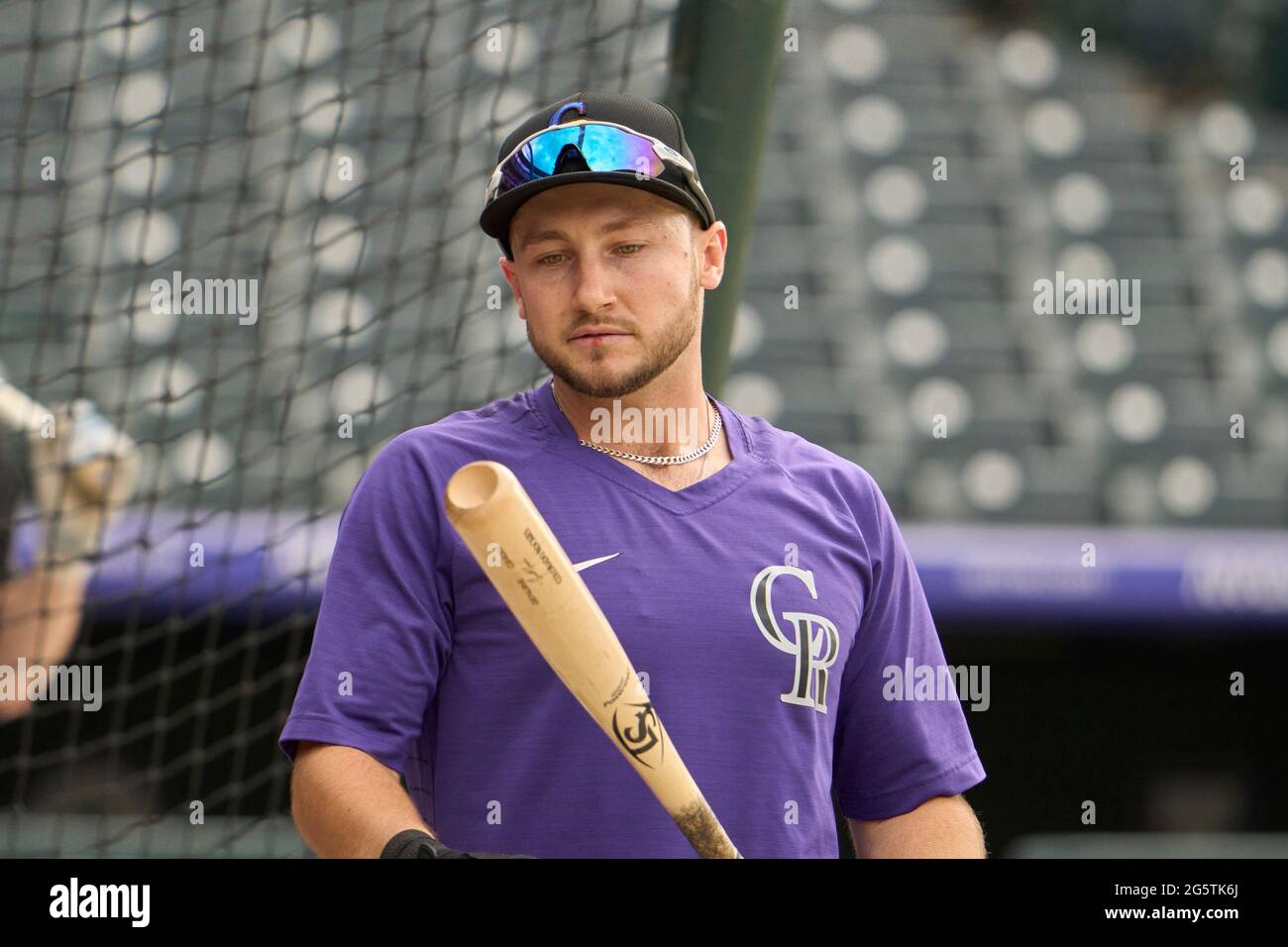 June 29 2021 Colorado second basemen Garrett Hampson (1) during batting practice before the game before the MLB game between the Pittsburgh Pirates and the Colorado Rockies held at Coors Field in Denver Co. David Seelig/Cal Sport Media. Stock Photo