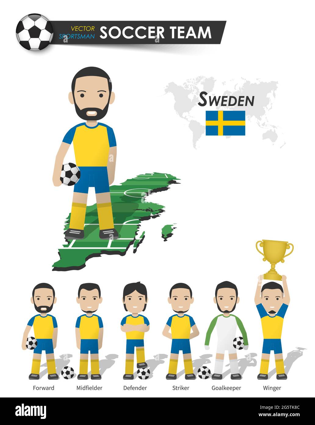 Sweden national soccer cup team . Football player with sports jersey stand on perspective field country map and world map . Set of footballer position Stock Vector